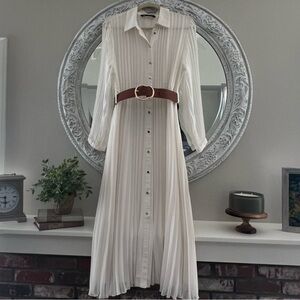 Zara Cream Maxi Shirt Dress with Long Bishop Sleeves and Peter Pan Collar